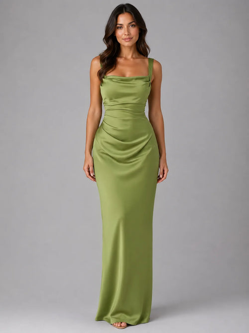 Front view of model wearing an olive green satin maxi dress with square neckline, ruched waist and shoulder straps
