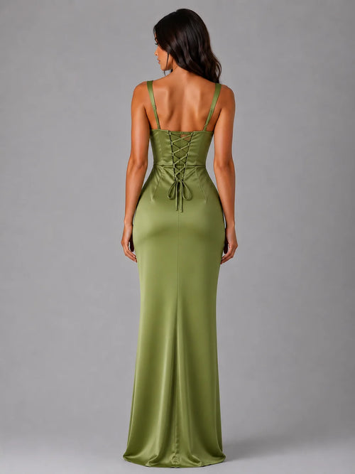 Back view showing the lace-up corset-style tie closure on the olive green satin maxi dress