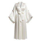 Full-length front view of red satin robe on a model, showing the floor-length hem and open front slit