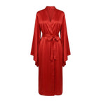 Red satin robe shown flat against a white background, displaying the wrap front and tied sash belt