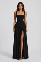 Close-up front view of the burgundy dress showing the squared neckline and cut-out shoulder straps