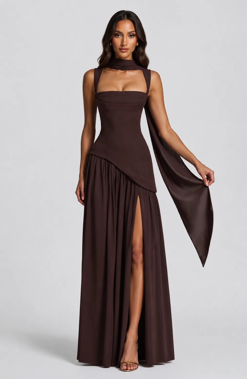 Front view of the brown satin-feel maxi gown with the scarf tie draped over one arm