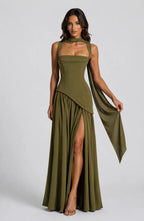 Front view of an olive green satin-feel maxi dress with scarf collar and sculpted corset bodice