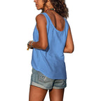 Three-quarter view of the sleeveless button-front top showing the relaxed, slightly curved hemline