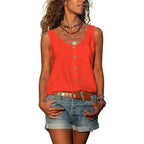 Front view of a bright orange-red sleeveless button-front top with a round neckline and single chest pocket
