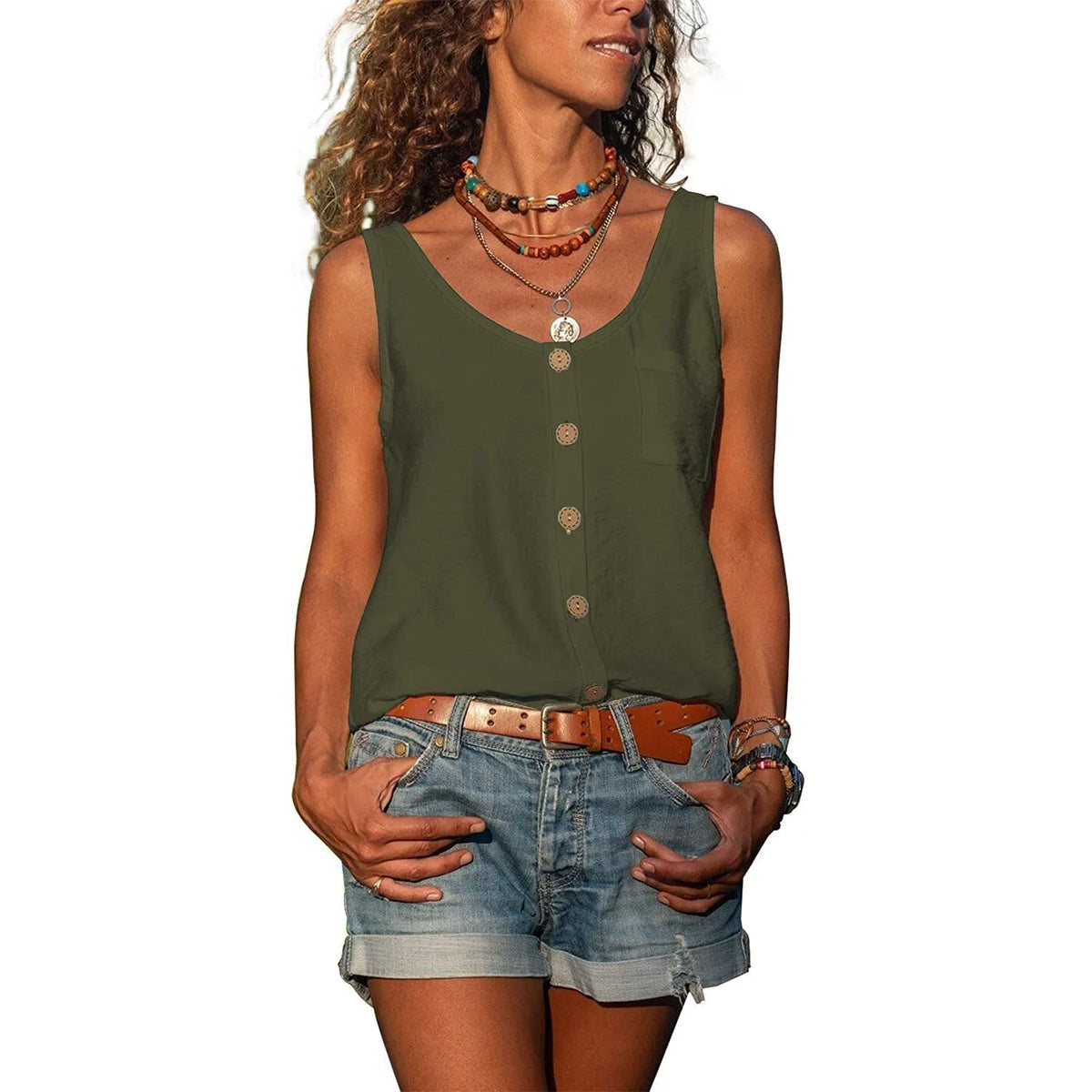 Front view of an olive green sleeveless button-up top with wooden-style buttons and a chest pocket