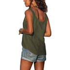 Back view of the olive green singlet showing the scoop back neckline and loose, breezy fit