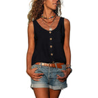Close-up front view of the grey button-up singlet top showing the wooden button detail and pocket stitching