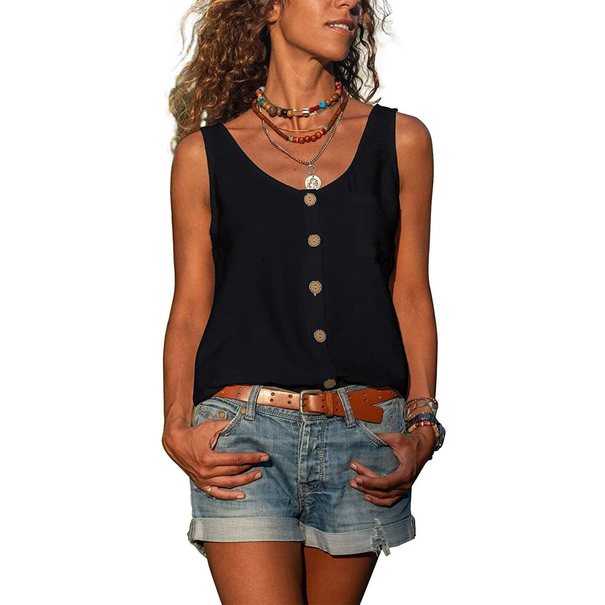 Close-up front view of the grey button-up singlet top showing the wooden button detail and pocket stitching