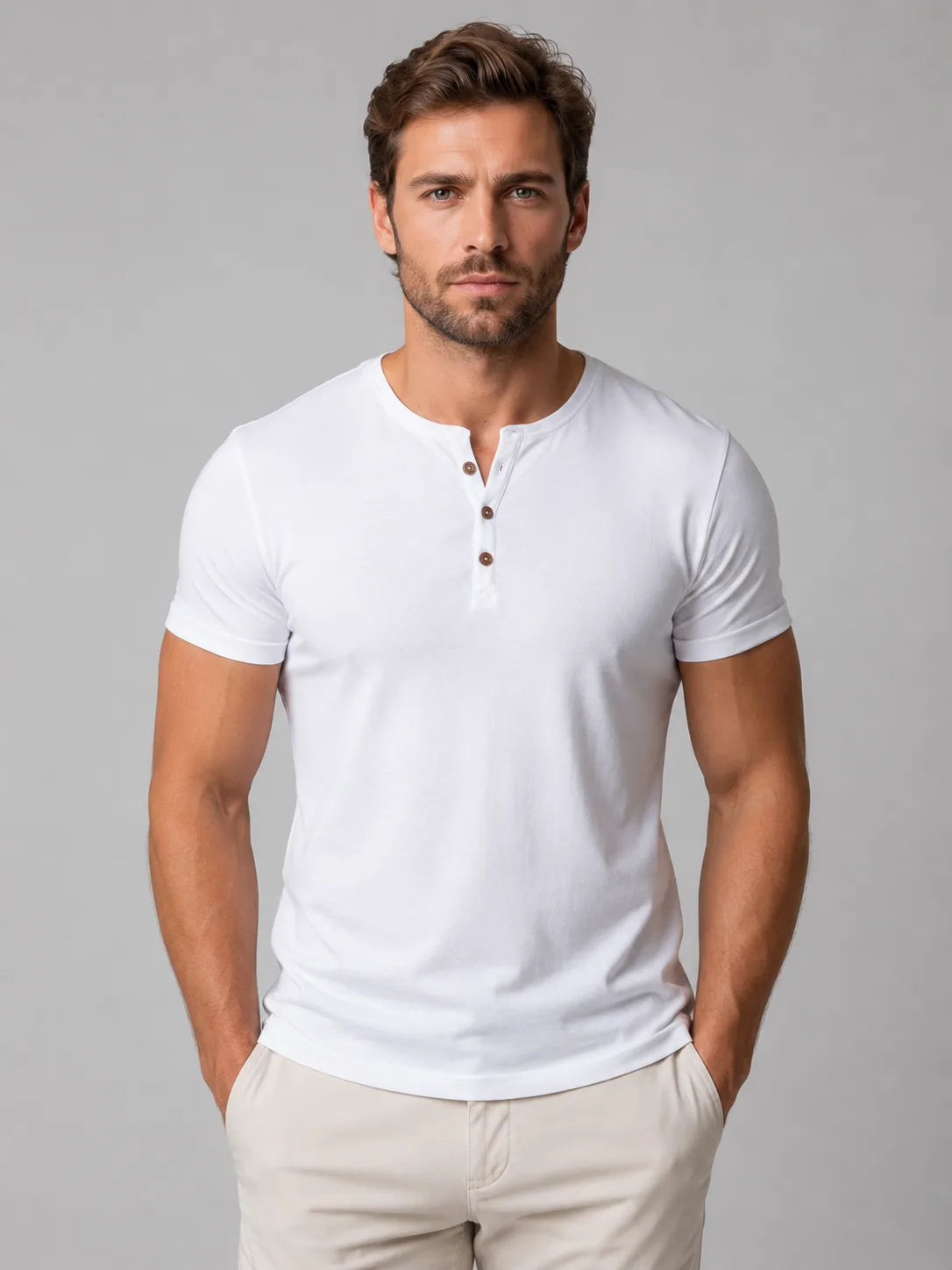 Front view of man wearing white Henley T-shirt with three-button placket and short sleeves, paired with beige pants