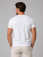 Back view of white Henley T-shirt showing clean crew silhouette and short sleeve hem