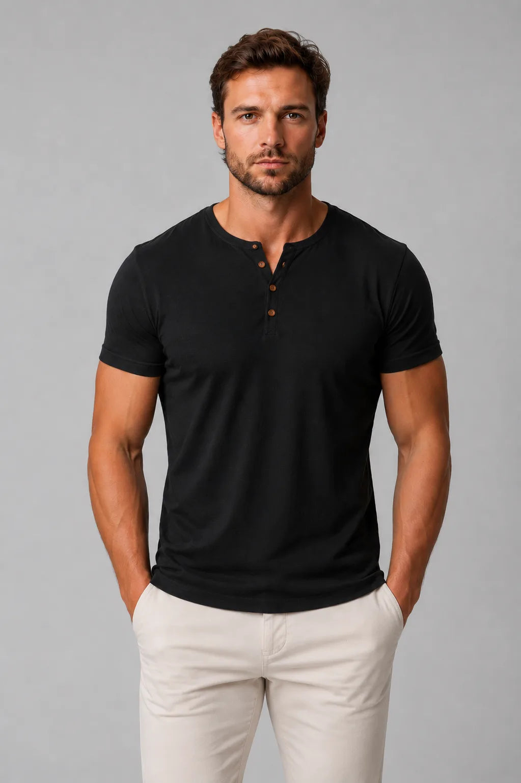 Front view of man wearing black Henley T-shirt with brown buttons, hands in beige pant pockets