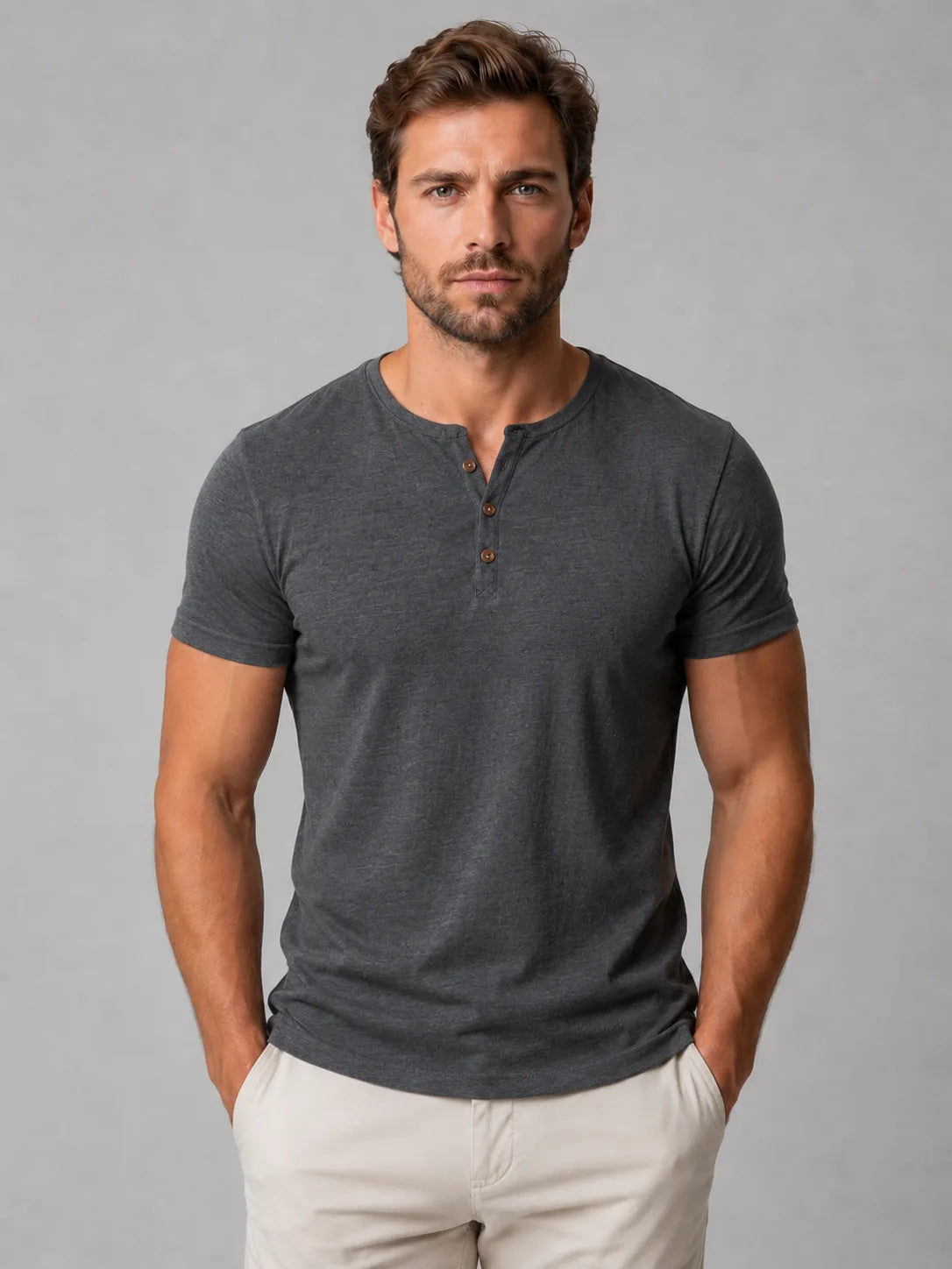 Front view of man wearing charcoal grey marle Henley T-shirt with button neckline and short sleeves