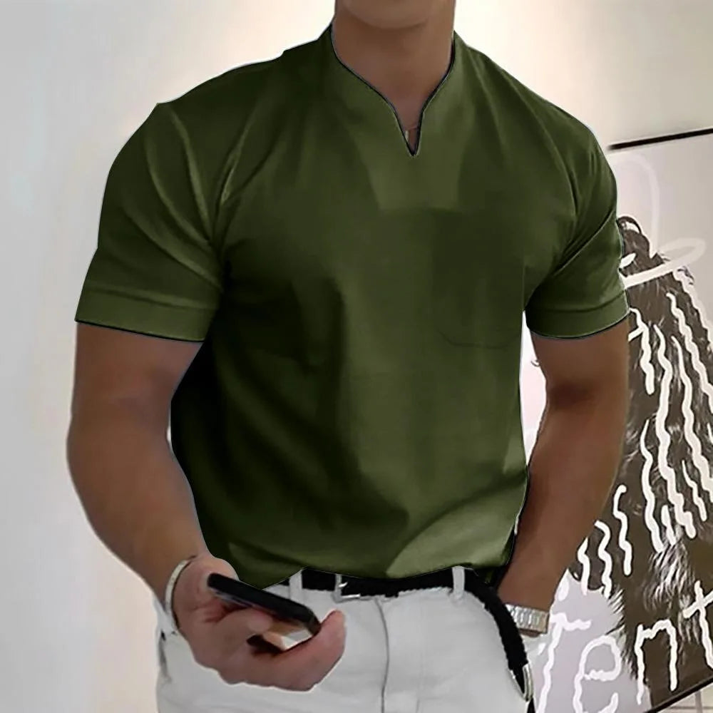 Side angle of a split-neck short sleeve polo tee showing the raglan shoulder seam and sleeve fit