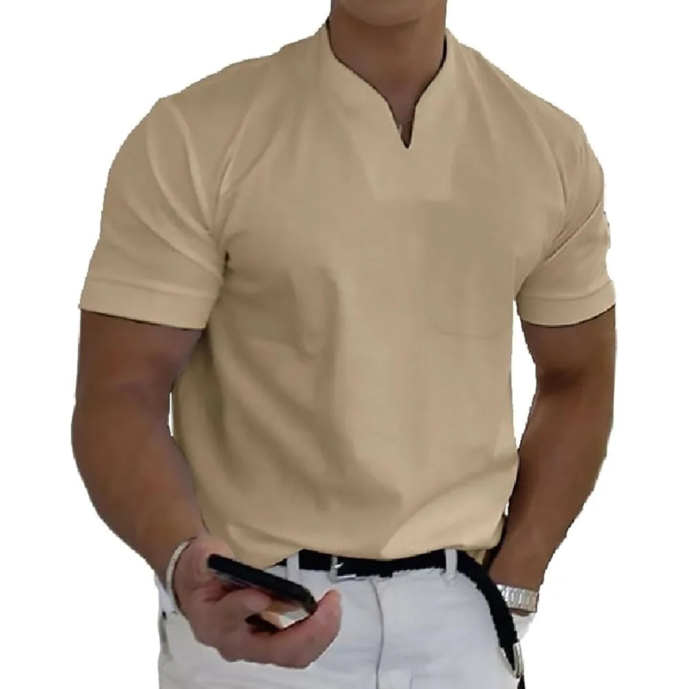Khaki split-neck short sleeve polo shirt with raglan sleeve seams and a chest pocket