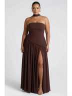 Front view of brown strapless maxi dress with choker neckband, fitted bodice and flowing skirt