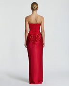 Front view of the red satin corset gown with sweetheart neckline and matching sheer scarf