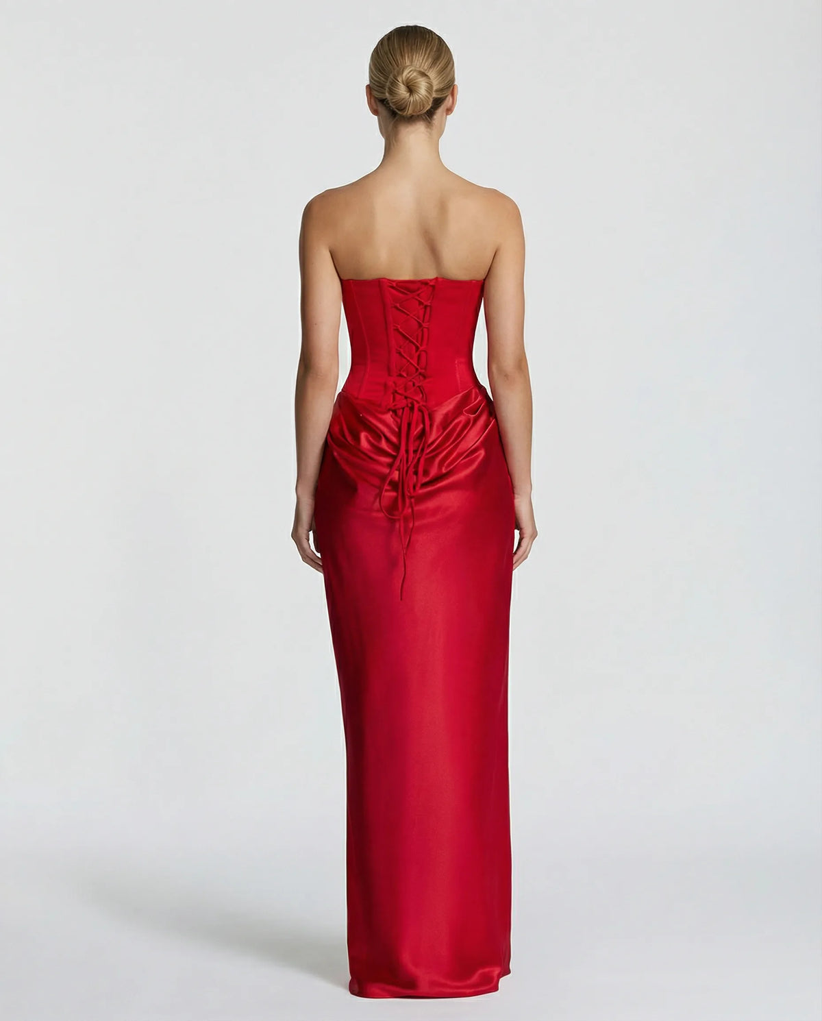 Front view of the red satin corset gown with sweetheart neckline and matching sheer scarf