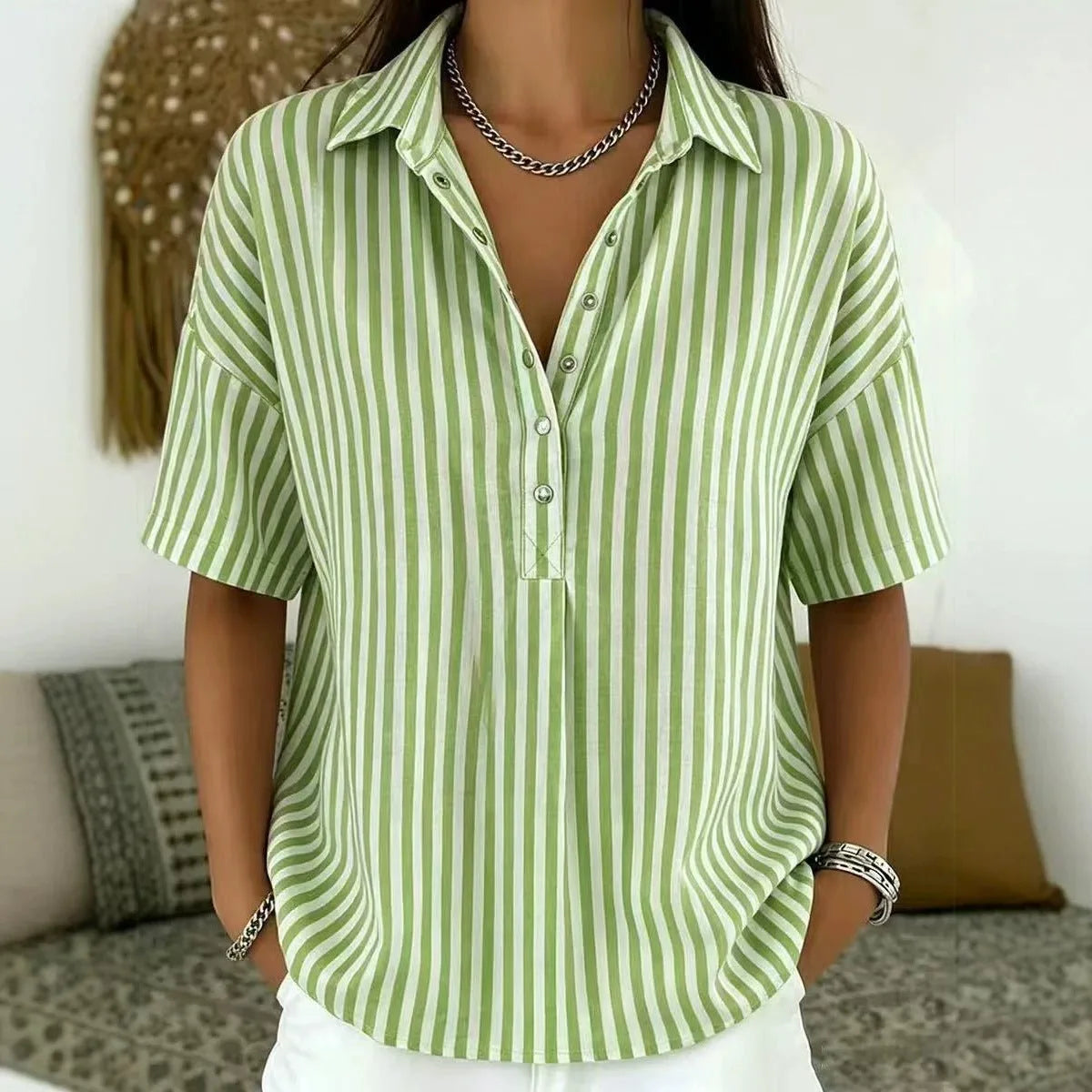 Alba | Striped Collared Blouse with Half-Button Placket for Women
