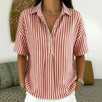Rust red and white striped collared blouse with relaxed short sleeves and open top button