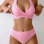 Close-up of yellow pinstripe high-waisted bikini bottom fabric showing the fine stripe pattern and ruched edge