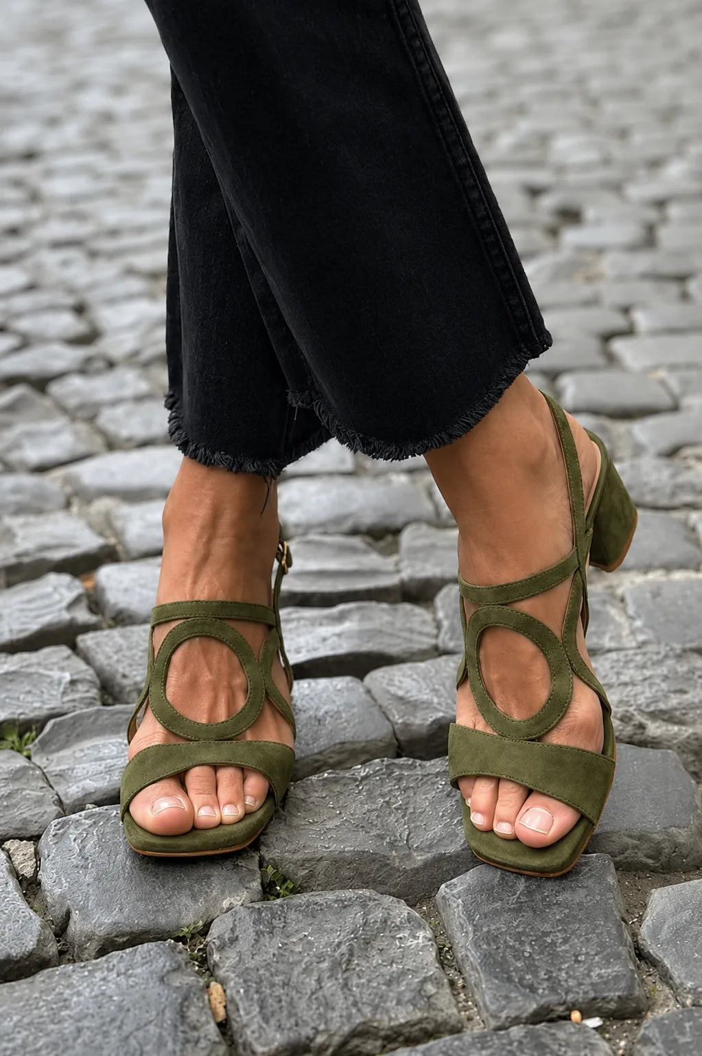 Suede Block Heel Sandals with Cut-Out Detail for Women image 17