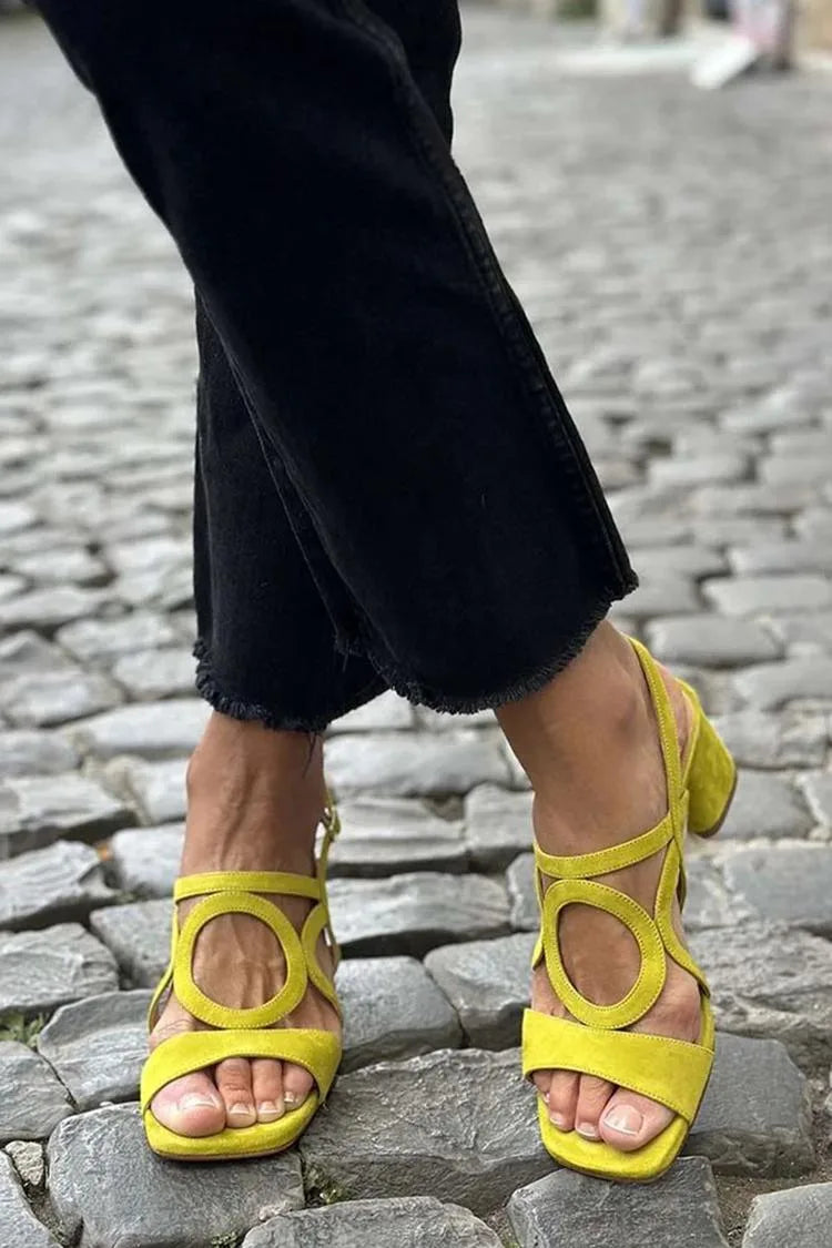Suede Block Heel Sandals with Cut-Out Detail