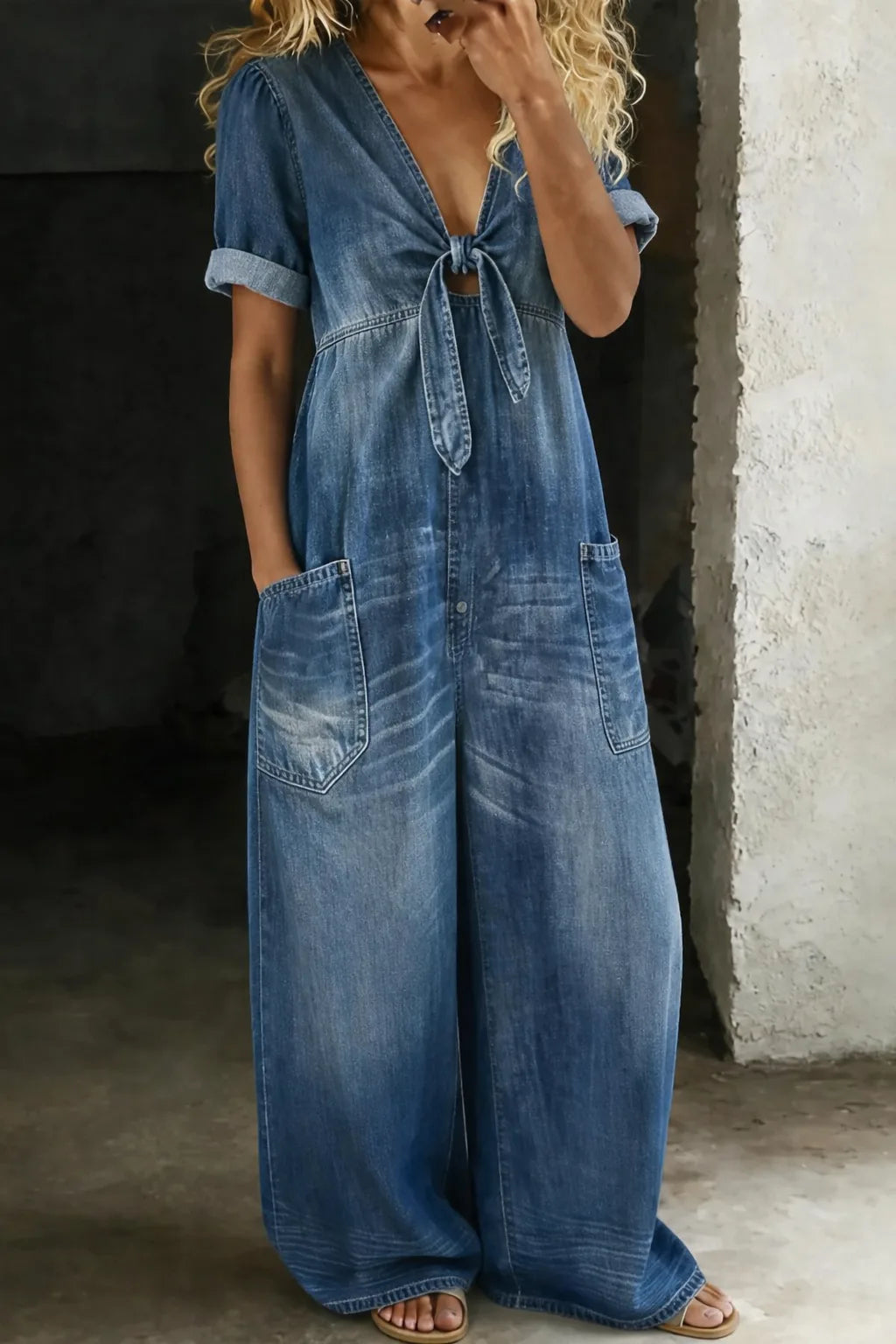 Front view of a deep blue denim jumpsuit with a tie-front V-neckline and puff sleeves worn with tan heeled sandals