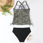Back view flat lay showing crossback halter straps and adjustable side ties on the leopard tankini top