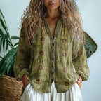 Olive green vintage floral print shirt with embroidered trim detail along the button-down front