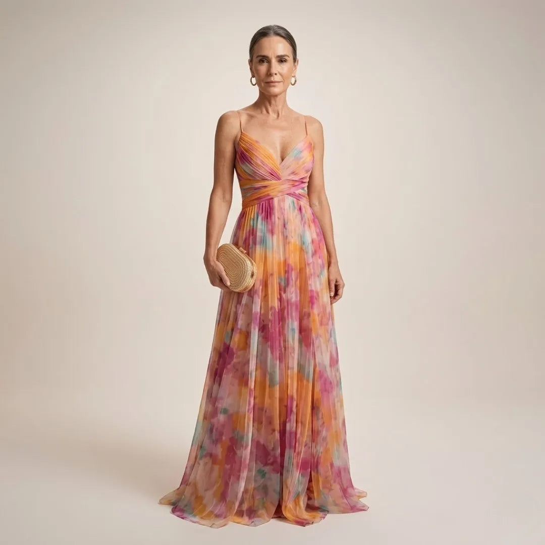 Woman in a multicolour floral chiffon maxi dress with wrap bodice and thin straps, standing against a neutral backdrop