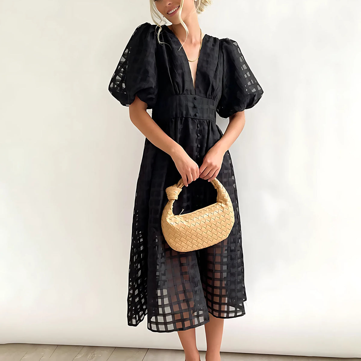 Tilly | Elegant Windowpane-Check Puff Sleeve Midi Dress for Women