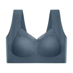 Flat front view of the dusty blue bra showing smooth moulded cups and sheer mesh V-panel