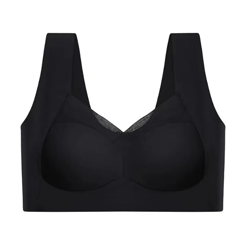 Flat front view of the black version showing smooth moulded cups and sheer mesh V-panel