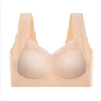 Flat front view of the nude beige bra showing wide straps and seamless moulded cups