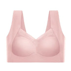 Flat front view of the blush pink bra showing wide straps and smooth moulded cups