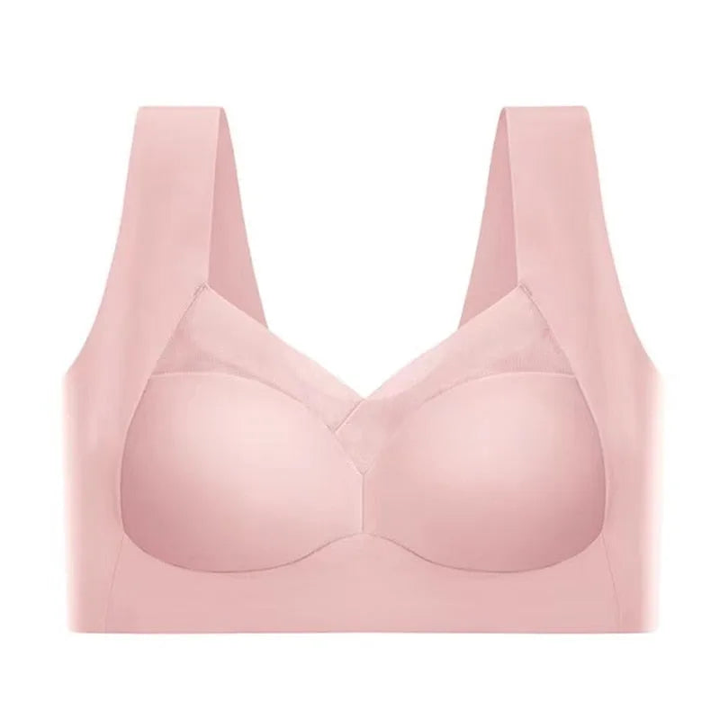 Flat front view of the blush pink bra showing wide straps and smooth moulded cups