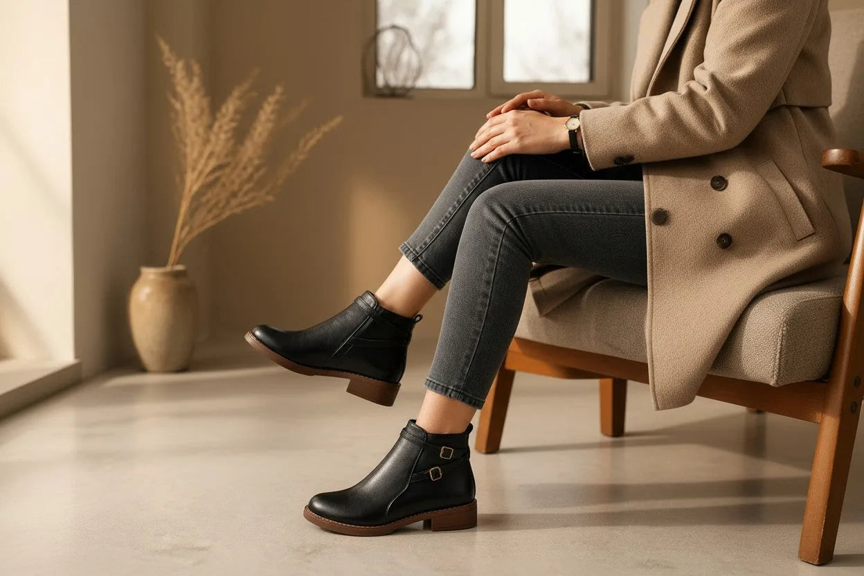 Woman seated indoors wearing black ankle boots with buckle detail, paired with grey jeans and a beige coat