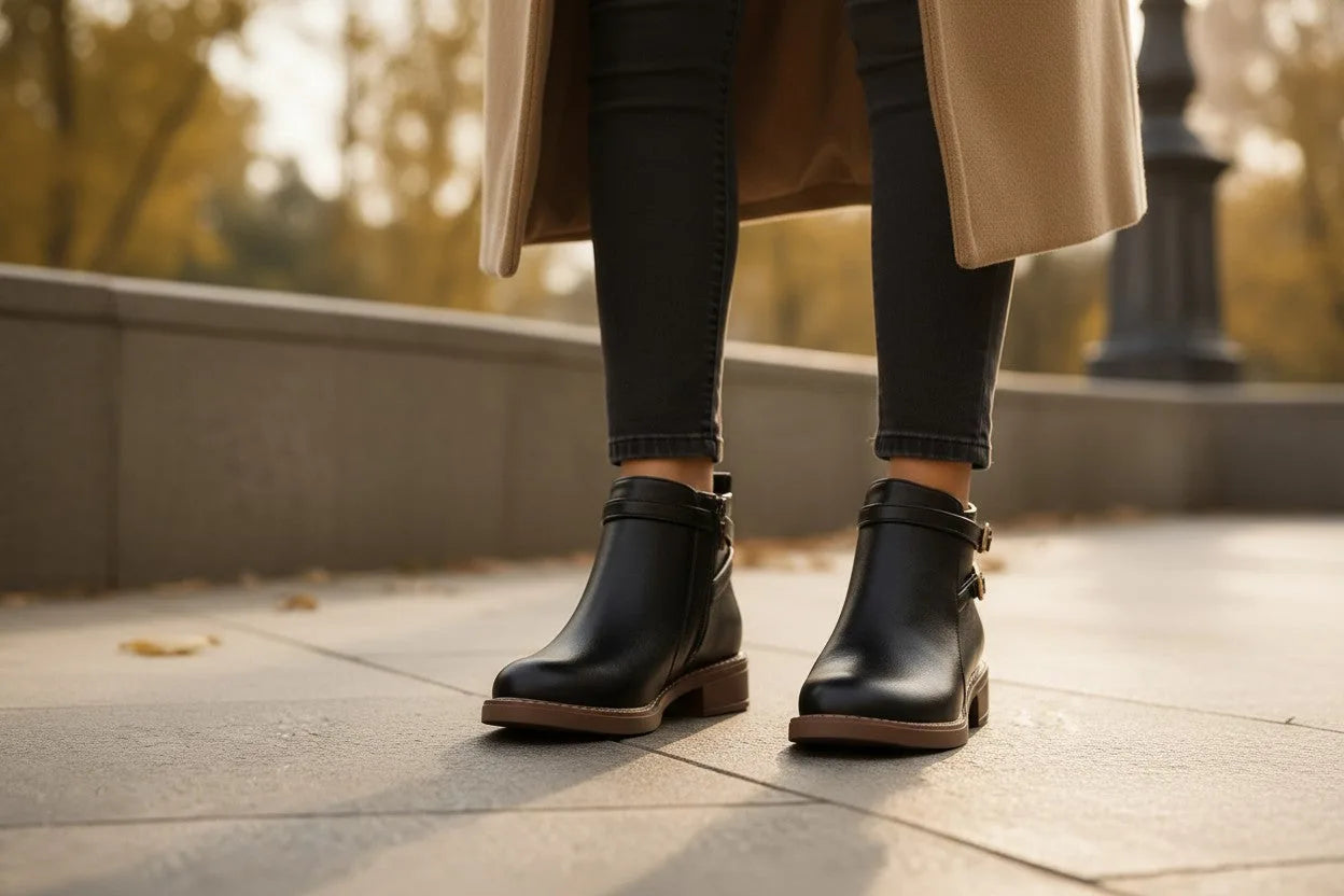Front view of a woman standing in black buckle ankle boots on stone pavement, showing round toe and low heel