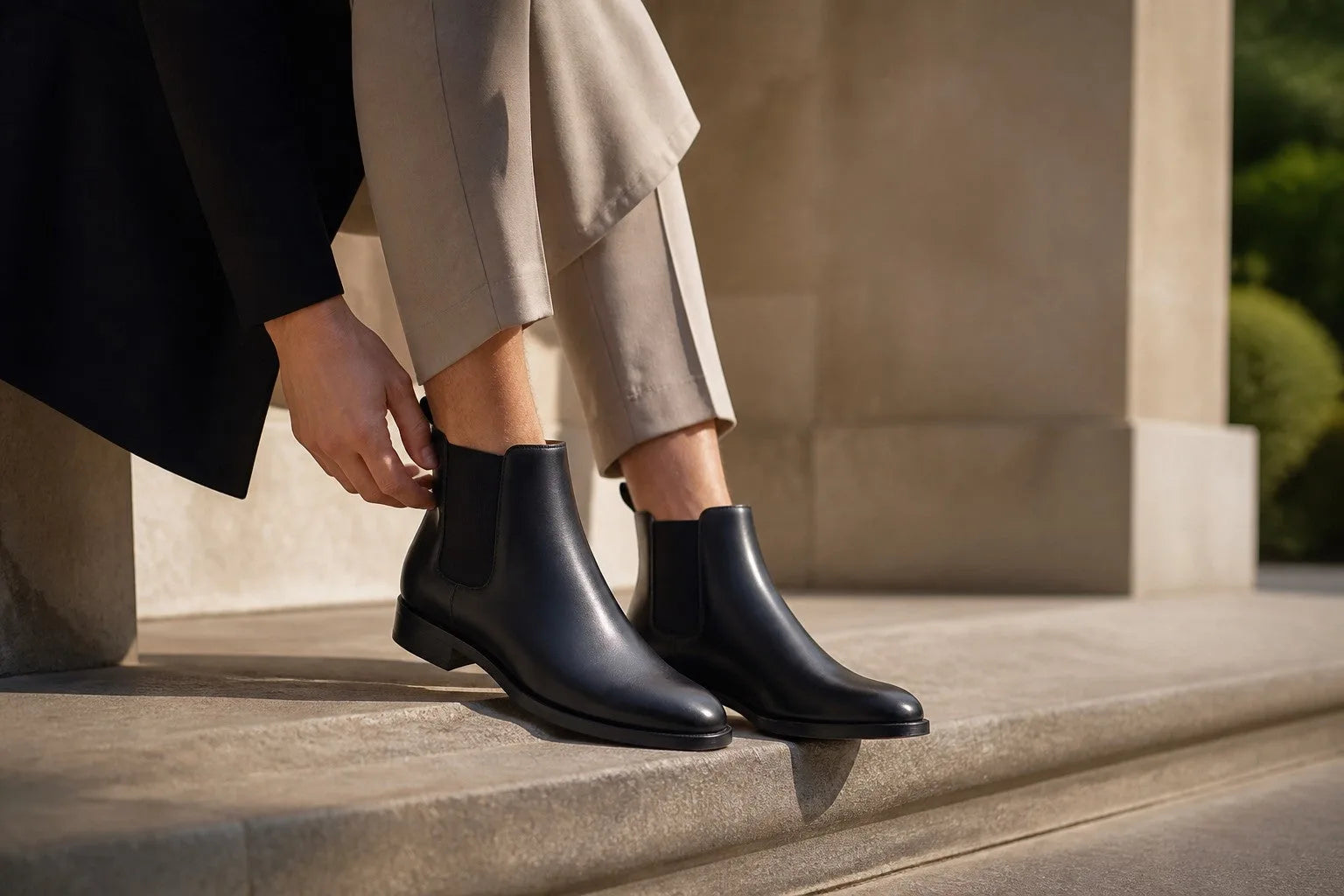 Close-up of a hand adjusting the pull tab on a black leather Chelsea boot outdoors in sunlight