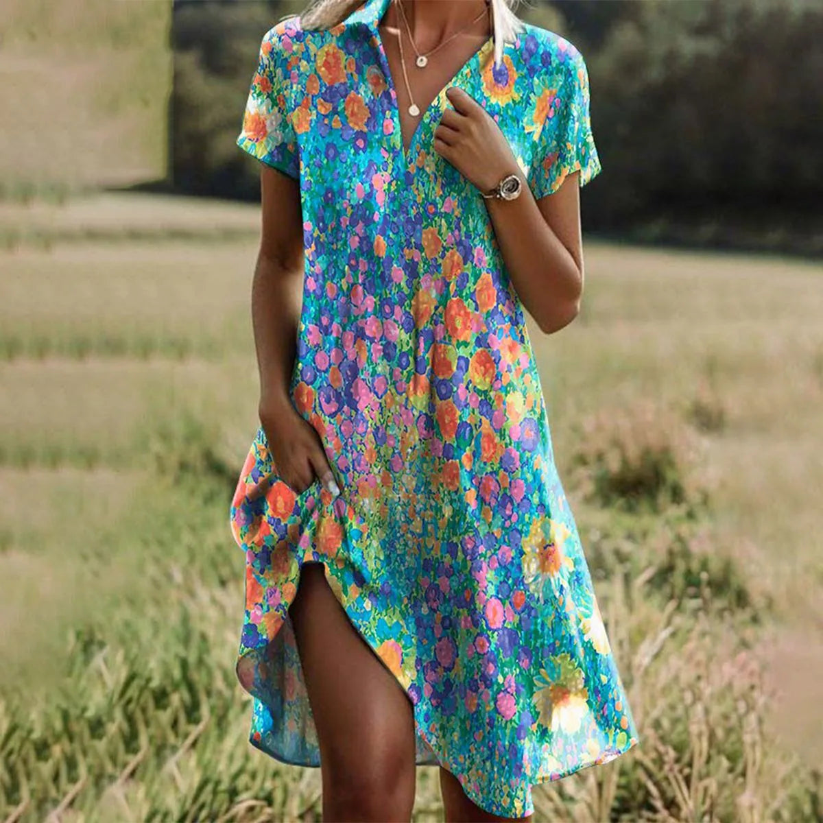 Multicolour floral print midi dress with notch V-neckline, short sleeves and a front leg split