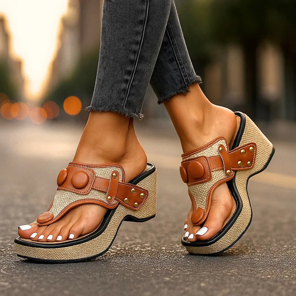 Side angle of ivory white wedge sandals showing woven platform base and toe-loop strap construction