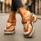 Tan brown wedge sandal with woven platform, leather toe-post strap and round button hardware