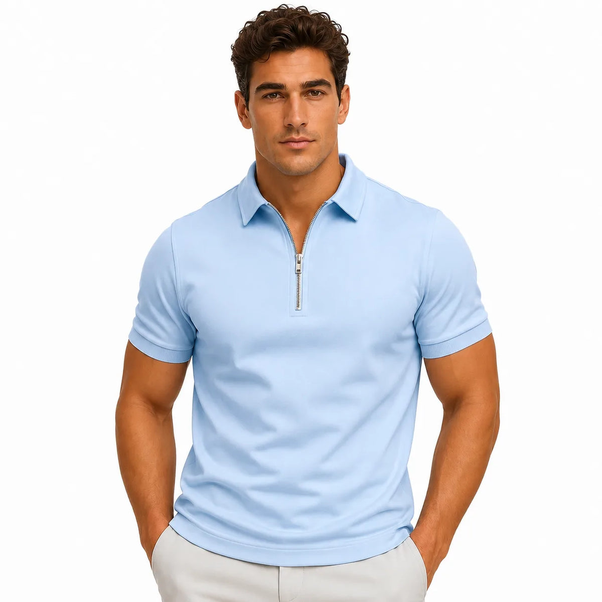 Front view of man wearing a light blue zip-neck polo shirt with half-zip pulled down, paired with beige chinos