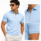 Collage showing a light blue polo styled with sunglasses, plus close-up detail shots of the zip collar and ribbed sleeve cuff