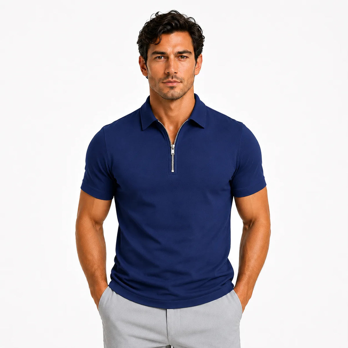 Front view of a man wearing a navy blue zip-neck polo shirt with short sleeves and ribbed cuffs