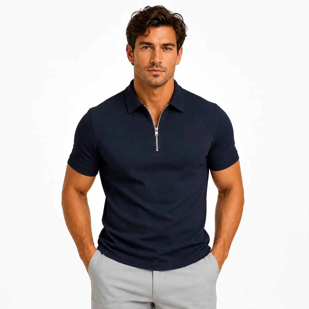 Close-up front view of a man wearing a light blue zip-neck polo shirt highlighting the pique fabric texture and collar shape